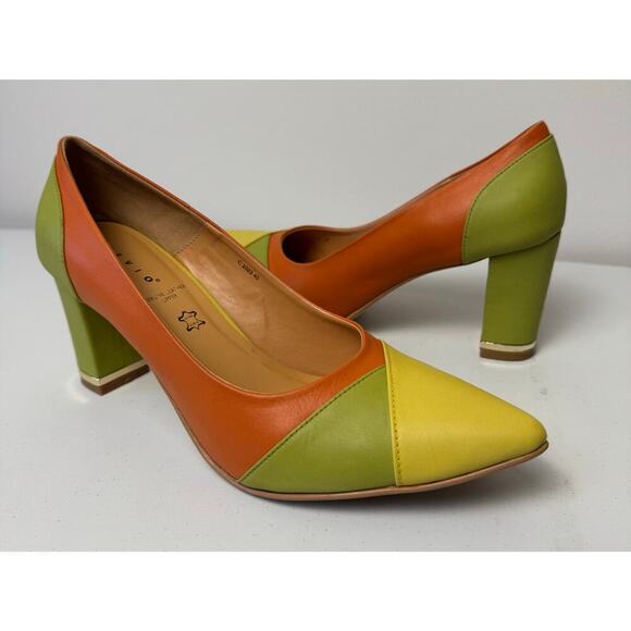 Vero Cuoio Zevio Italian Leather Color Block Yellow Green Orange Pump Shoe Sz 40 - Picture 9 of 11